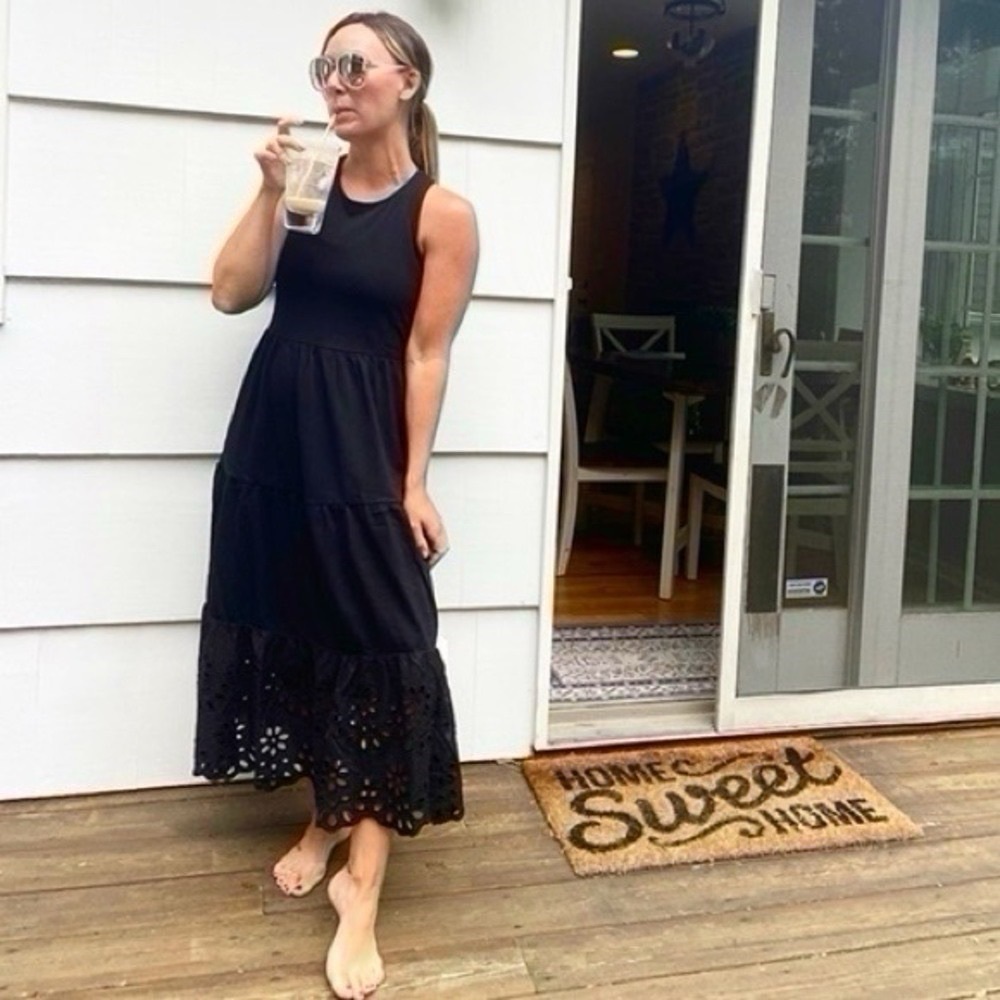 NEW J.Crew Cotton Maxi Eyelet Tiered Bottom Black Dress XXS